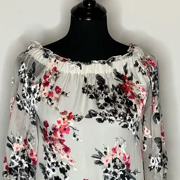 WHBM white pink floral burnout sheer top XXS NWT - Picture 2 of 14